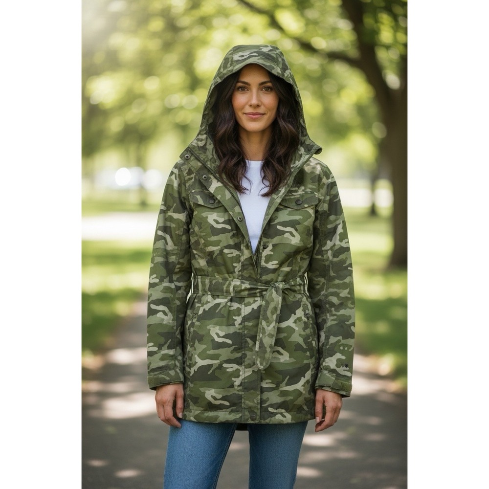 The North Face K Jacket Camo Womens L Detachable Hood Belted Rain Coat AS1E